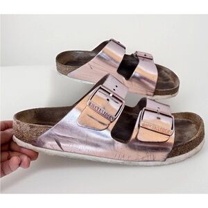 Birkenstock Arizona Metallic Distressed Double Strap Buckle Slides Sandals 38